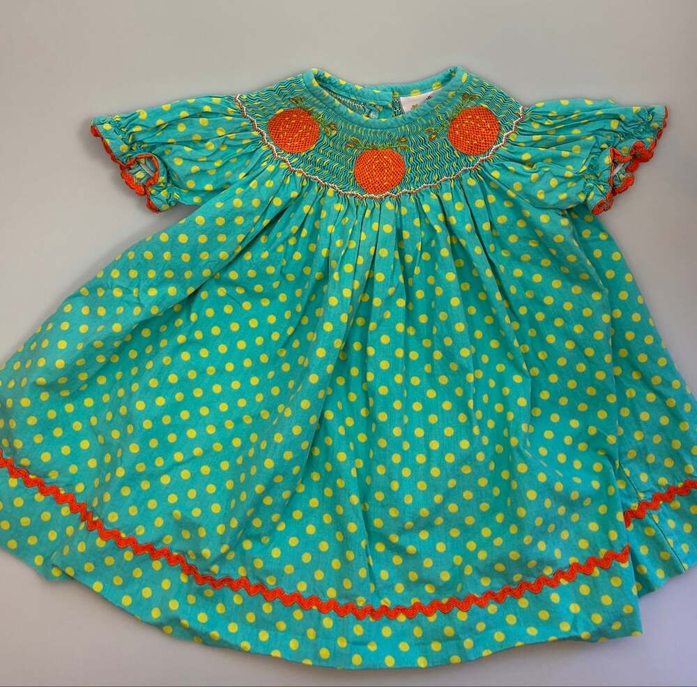 Smocked Auctions Pumpkin Bishop Dress Baby Girl 9M Fall Smocked